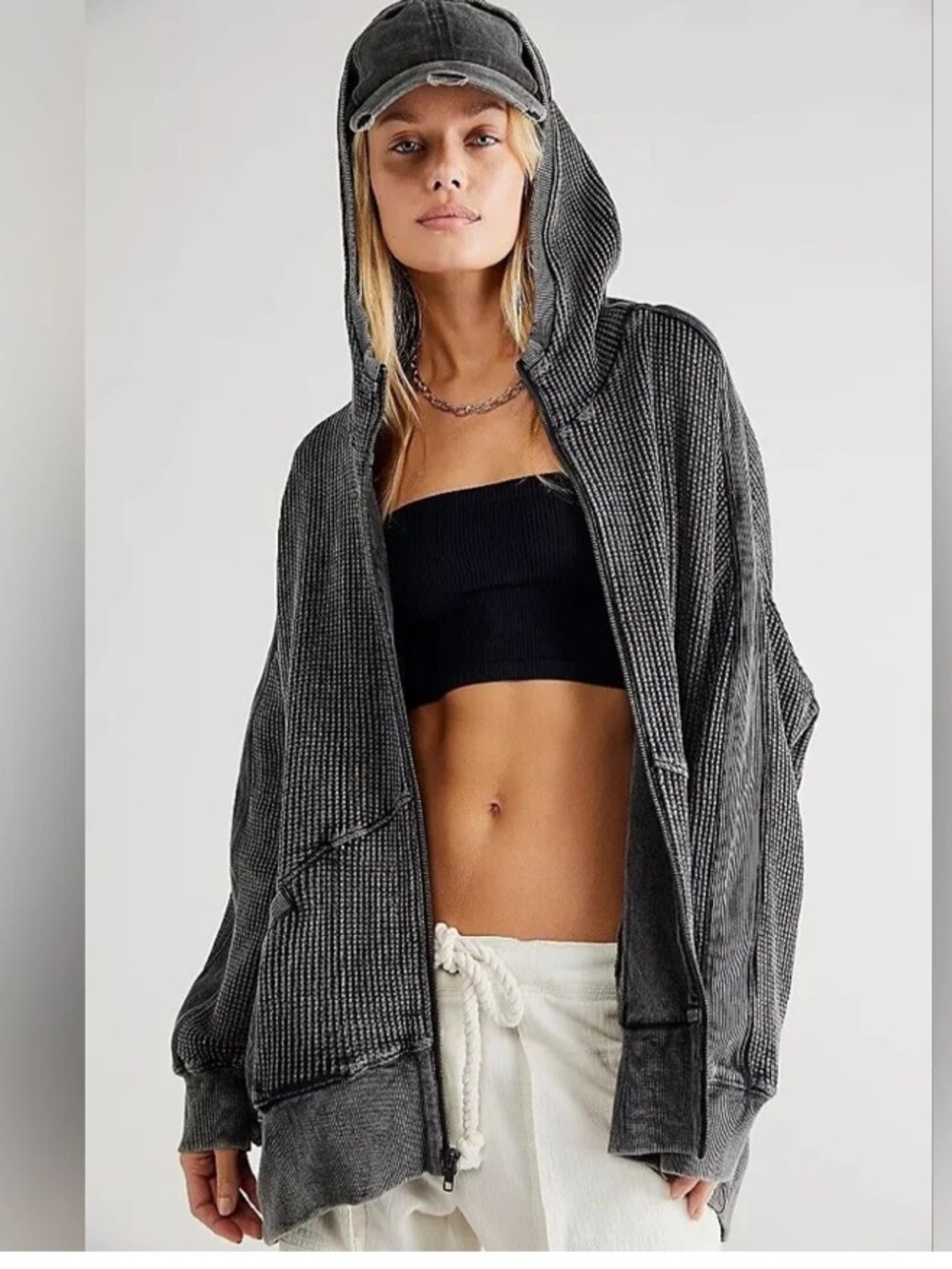 Free People One Ash Waffle Zip Up Oversized Acid Wash Hoodie Sweatshirt